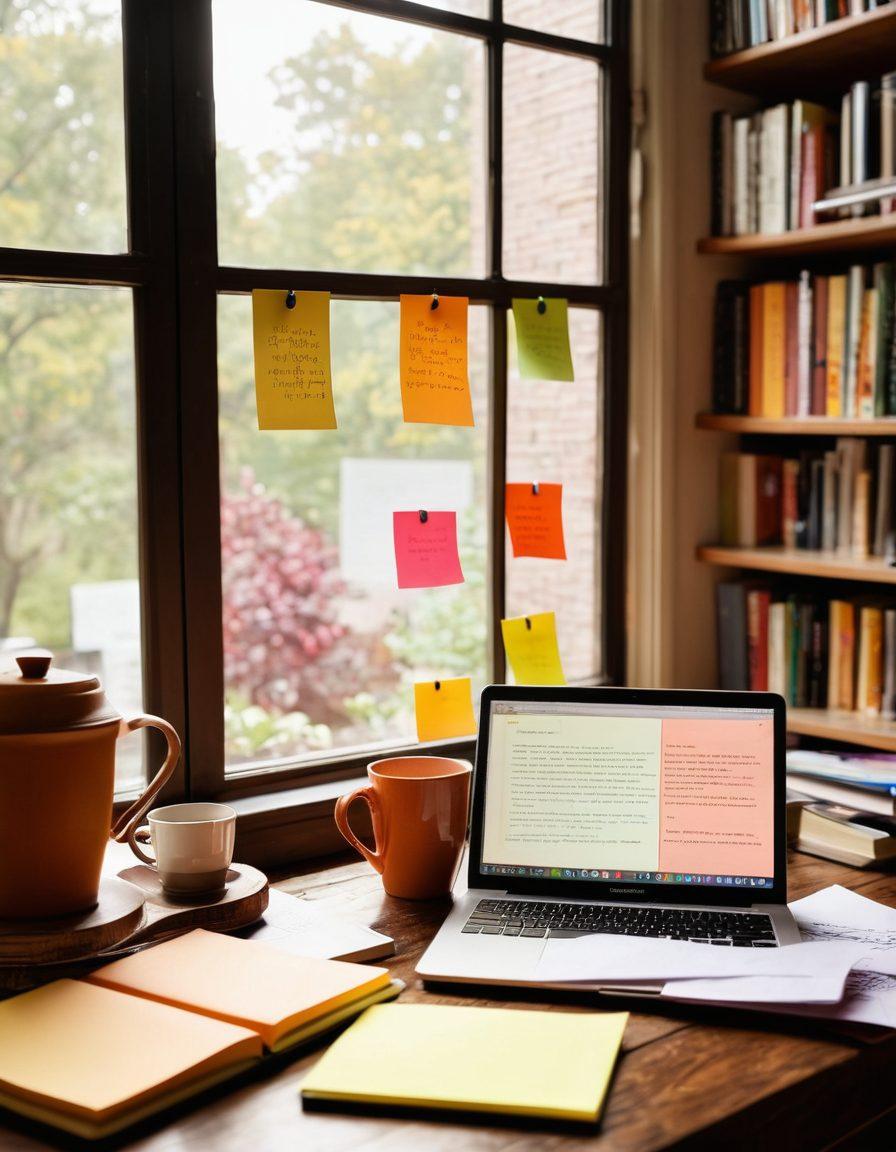 An open laptop on a wooden table filled with colorful sticky notes and a steaming cup of coffee, symbolizing a creative writing environment. Soft light filtering through a nearby window casts a warm glow on a notepad filled with handwritten notes and ideas. In the background, a bookshelf brimming with books about writing and creativity. An inspiring quote about writing hangs on the wall. super-realistic. warm colors. soft focus.