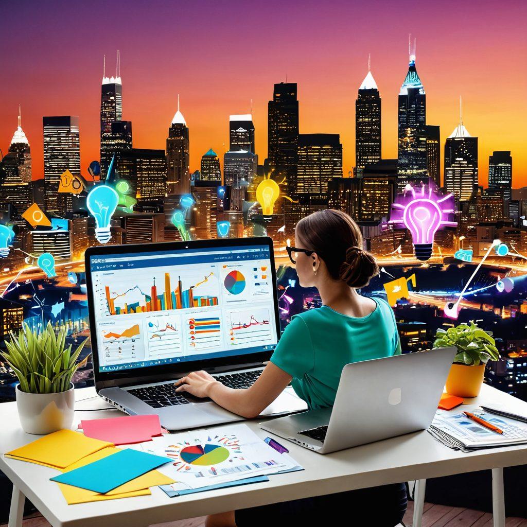 A blogger working on a laptop surrounded by a vibrant array of notes, strategies, and charts symbolizing growth from niche to mainstream. The background features a colorful city skyline illustrating the blogging journey transitioning into a bustling community. Emphasize creativity and engagement through visual elements like lightbulbs and arrows showing progress. super-realistic. vibrant colors. 3D.